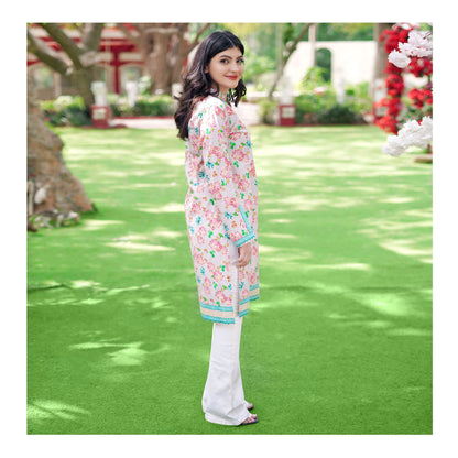 Basix Pink Floral With Green Border Cambric Fancy Shirt, CAS-509