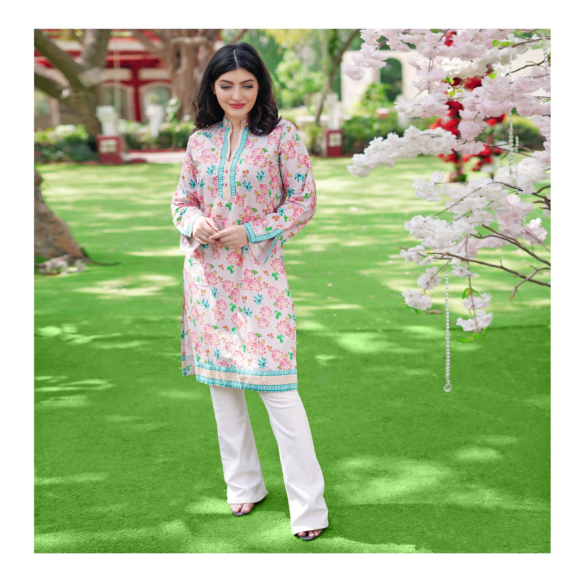 Basix Pink Floral With Green Border Cambric Fancy Shirt, CAS-509
