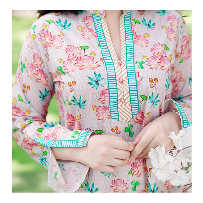 Basix Pink Floral With Green Border Cambric Fancy Shirt, CAS-509