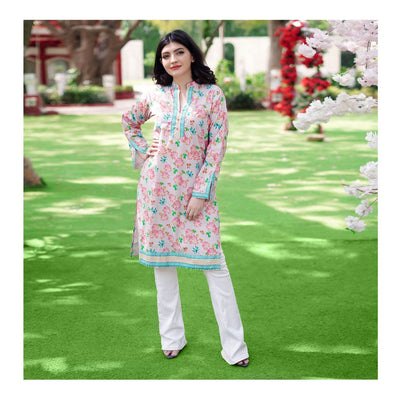 Basix Pink Floral With Green Border Cambric Fancy Shirt, CAS-509