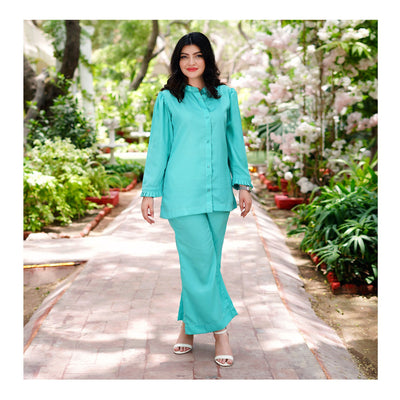 Basix Women's Aqua Co-ord Set Dress, Frill Cuff & Bell Bottom Trouser, CORD-101