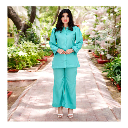 Basix Women's Aqua Co-ord Set Dress, Frill Cuff & Bell Bottom Trouser, CORD-101