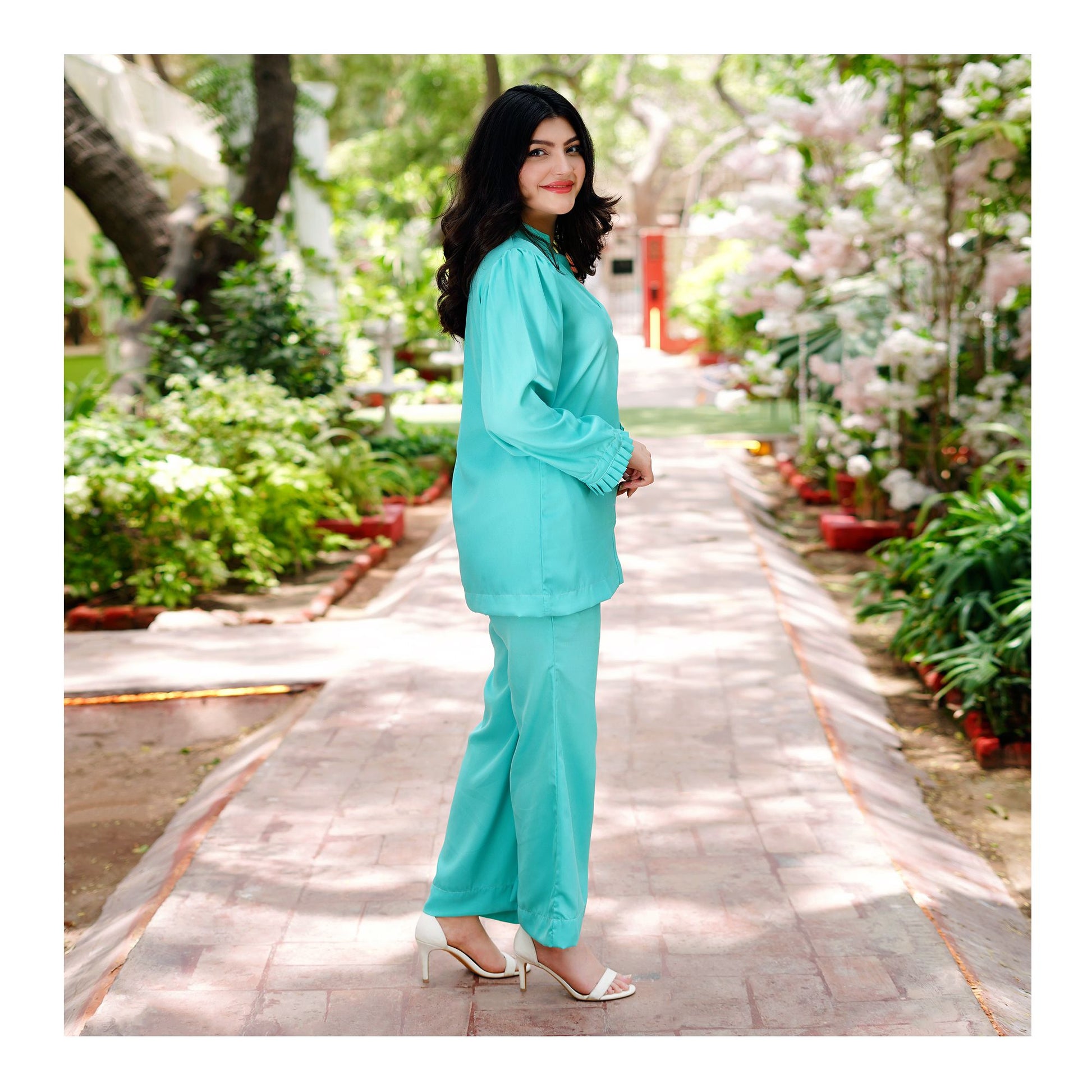 Basix Women's Aqua Co-ord Set Dress, Frill Cuff & Bell Bottom Trouser, CORD-101