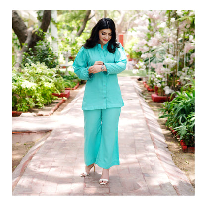 Basix Women's Aqua Co-ord Set Dress, Frill Cuff & Bell Bottom Trouser, CORD-101
