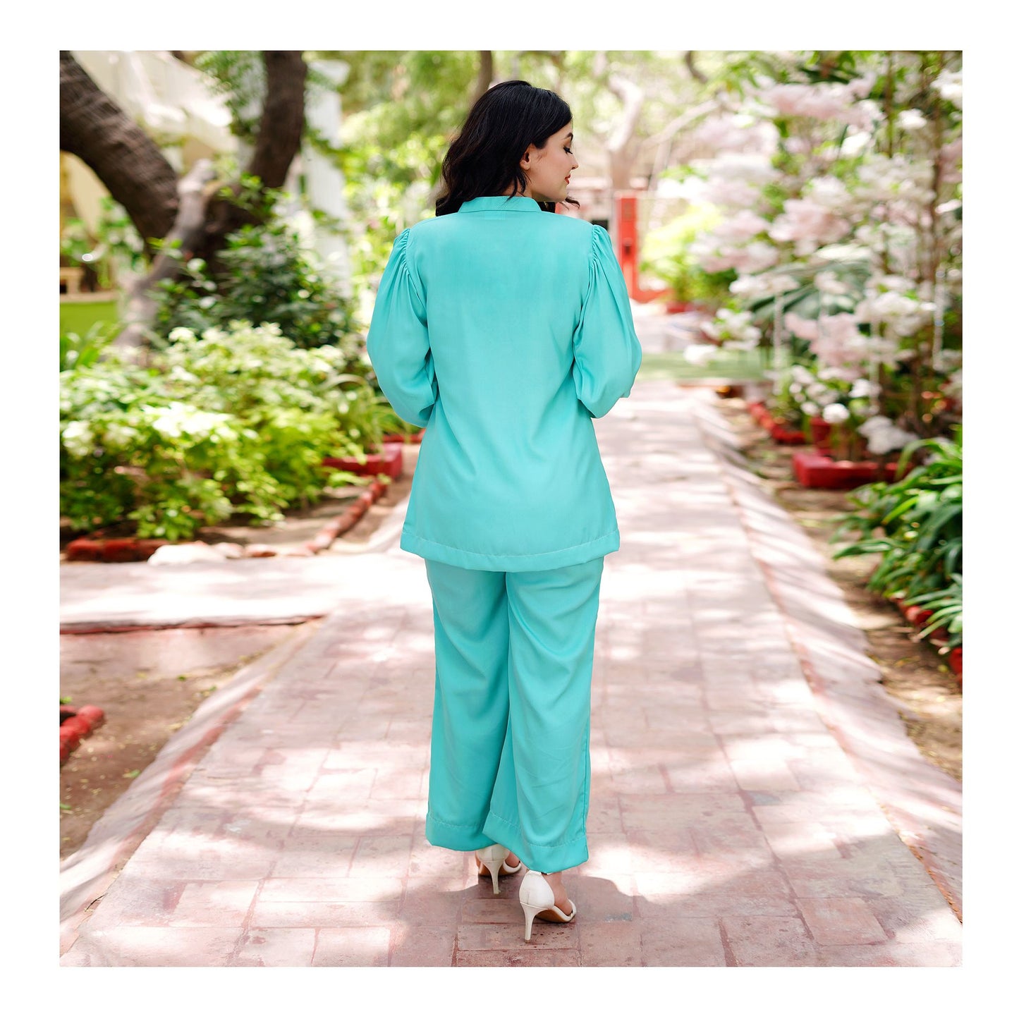 Basix Women's Aqua Co-ord Set Dress, Frill Cuff & Bell Bottom Trouser, CORD-101