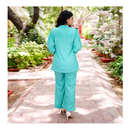 Basix Women's Aqua Co-ord Set Dress, Frill Cuff & Bell Bottom Trouser, CORD-101