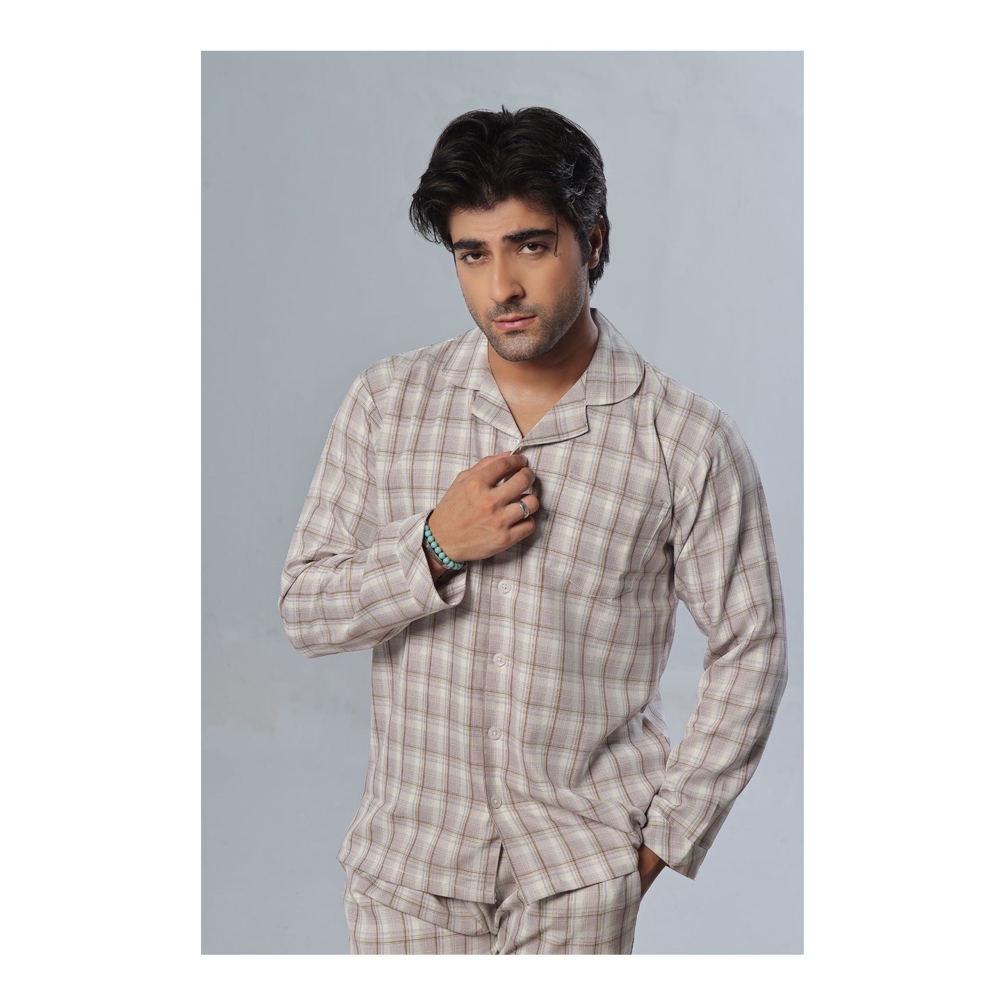 Basix Men's Check Print Cotton Loungewear Dress  2-Piece Set  Off-White & Brown  LW-819