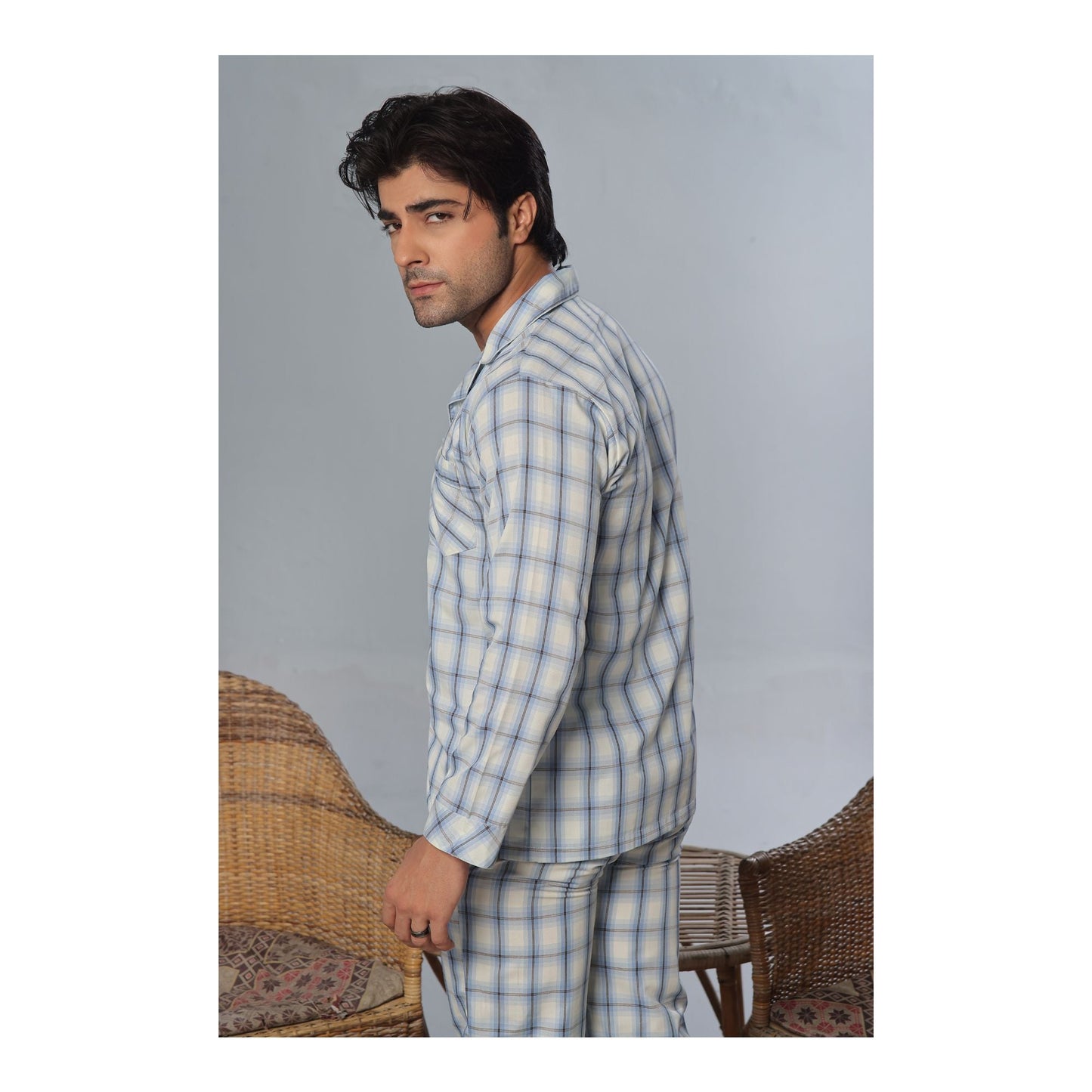 Basix Men's Check Print Cotton Loungewear Dress  2-Piece Set  Sky Blue & Off-White  LW-820