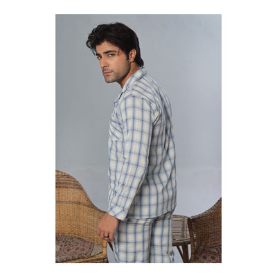 Basix Men's Check Print Cotton Loungewear Dress  2-Piece Set  Sky Blue & Off-White  LW-820