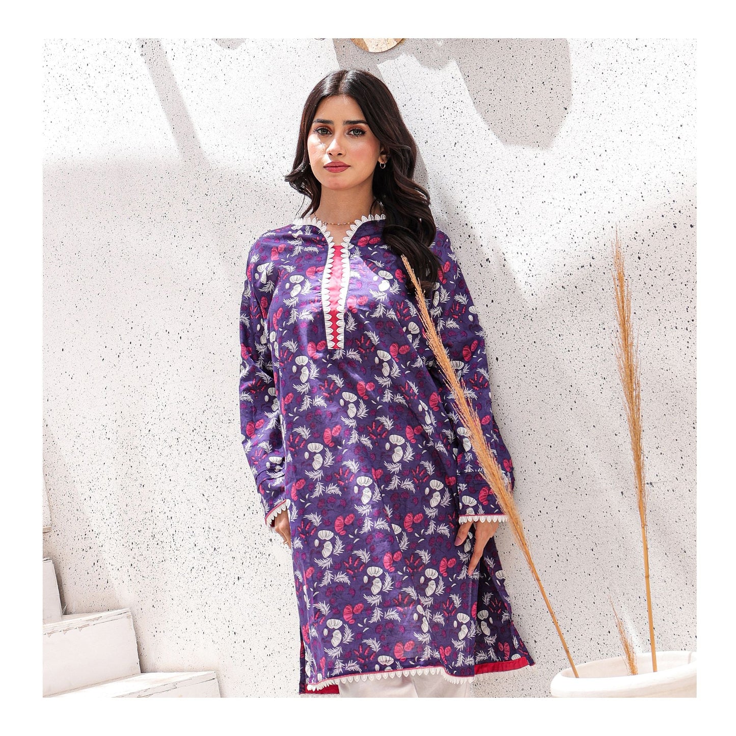 Basix Womens Purple & White Lace Embellished Lawn Shirt  EW-105