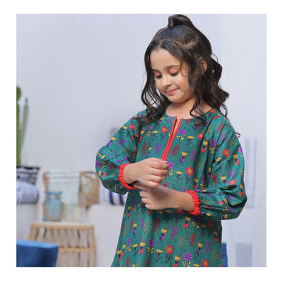 Basix Girls Dark Green Red & Purple Flora Cotton Cambric  2 Piece - Shirt & Trouser  GRL-160