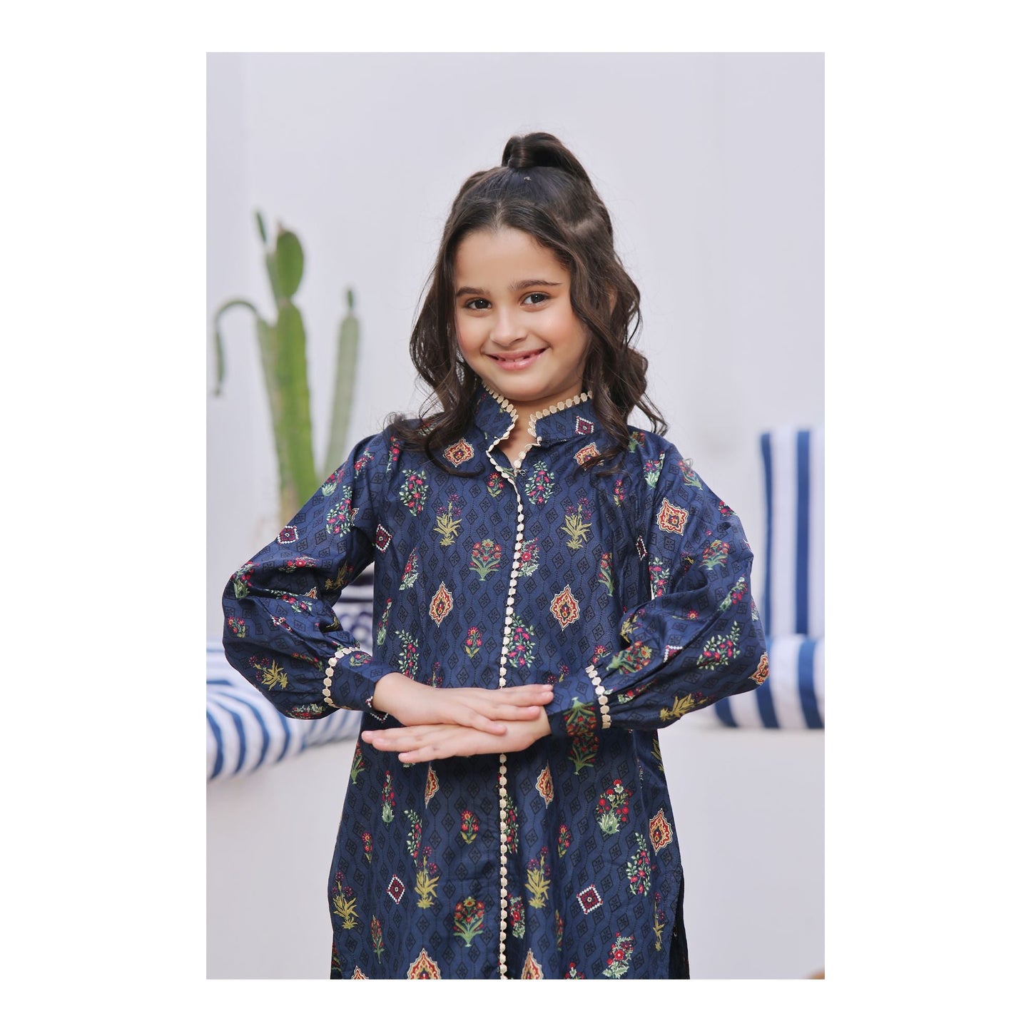 Basix Girls Navy Blue Lace Embellished Cotton Cambric  2 Piece - Shirt & Trouser  GRL-159