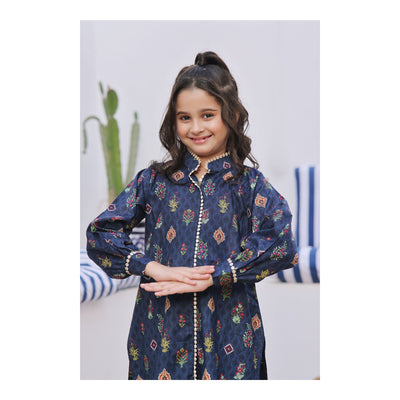 Basix Girls Navy Blue Lace Embellished Cotton Cambric  2 Piece - Shirt & Trouser  GRL-159