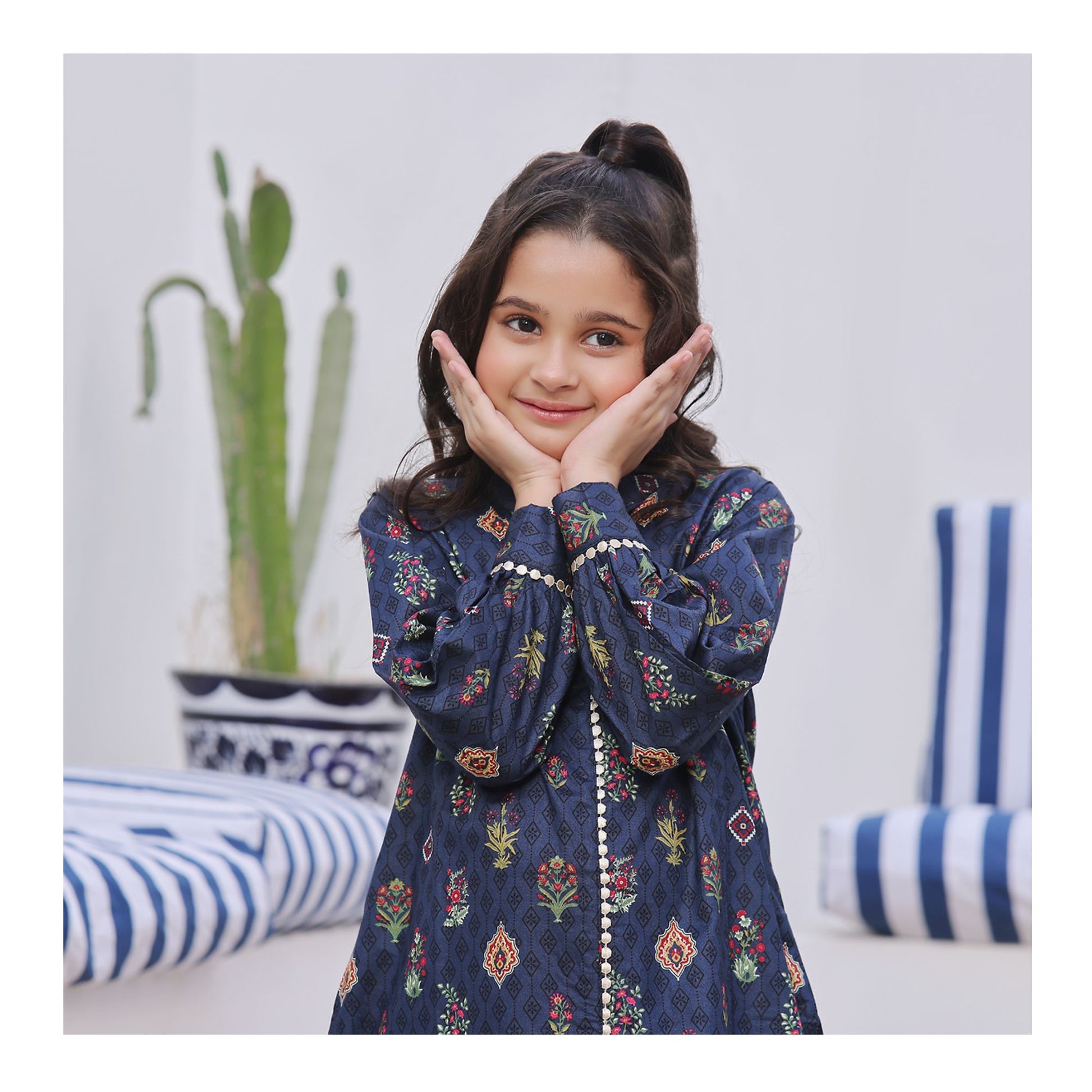 Basix Girls Navy Blue Lace Embellished Cotton Cambric, 2 Piece - Shirt & Trouser, GRL-159