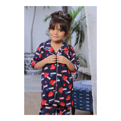 Basix Girls Strawberry Short Sleeves Night Suit  Navy Blue  GRL-170