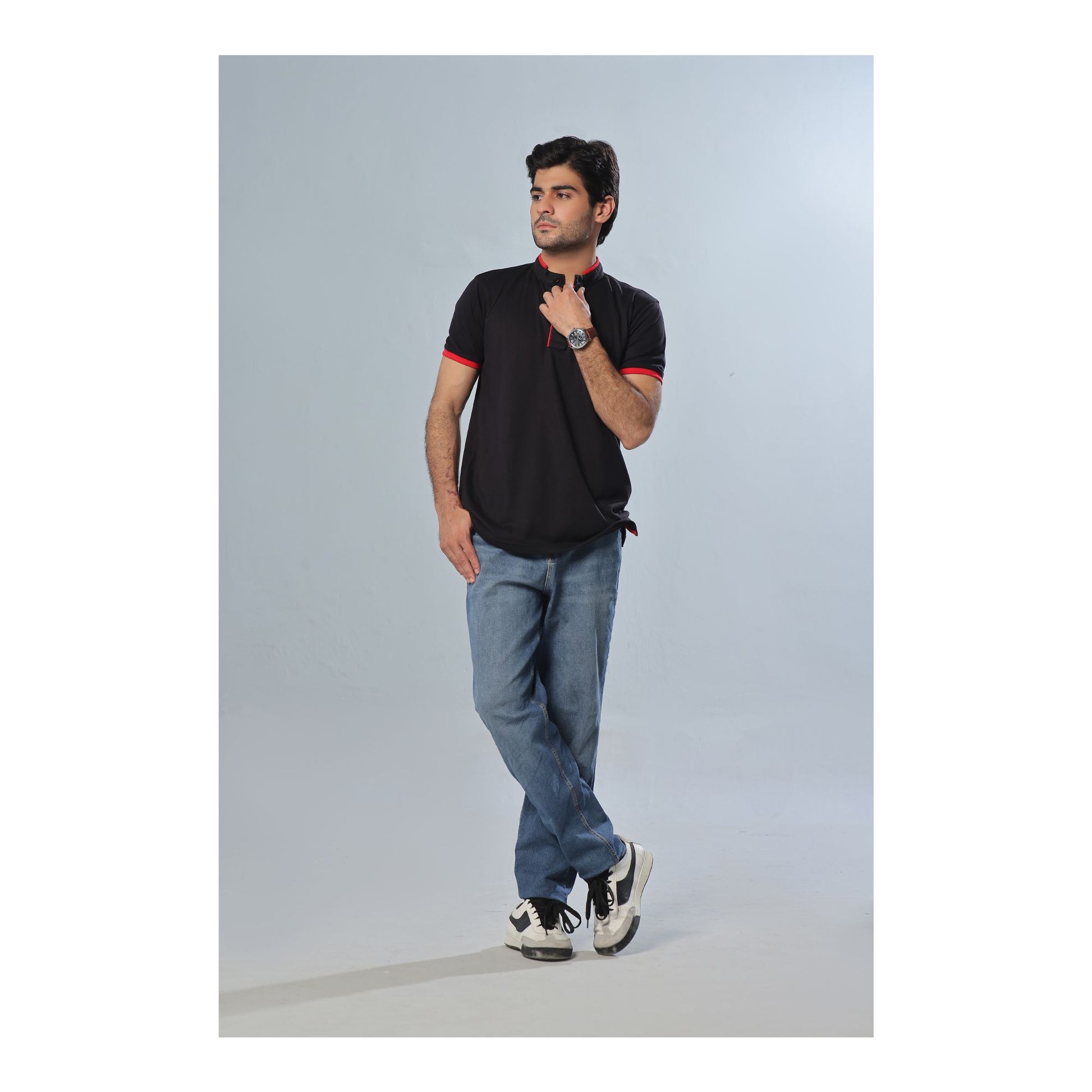 Basix Men's Black Band Collar Polo With Embroidered Logo, MPS -103