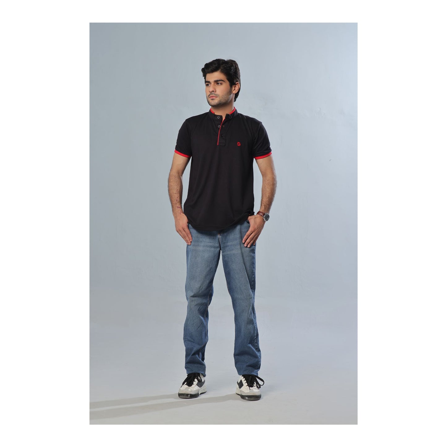 Basix Men's Black Band Collar Polo With Embroidered Logo, MPS -103
