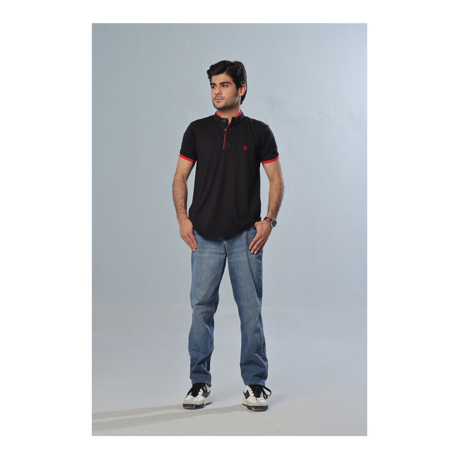 Basix Men's Black Band Collar Polo With Embroidered Logo, MPS -103