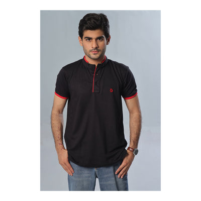 Basix Men's Black Band Collar Polo With Embroidered Logo  MPS -103