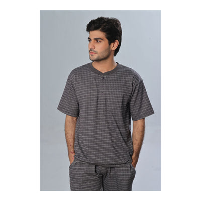 Basix Men's Check Print Knitted Loungewear Dress  2-Piece Set  Charcoal  LW-822