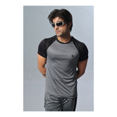 Basix Men's Embroidered Dry Fit Raglan Sleeves Tracksuit  Black & Grey  TS-201