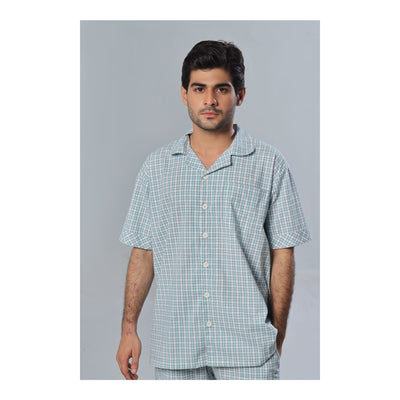 Basix Men's Check Print Cotton Loungewear Dress  2-Piece Set  Sea Green & White  LW-823