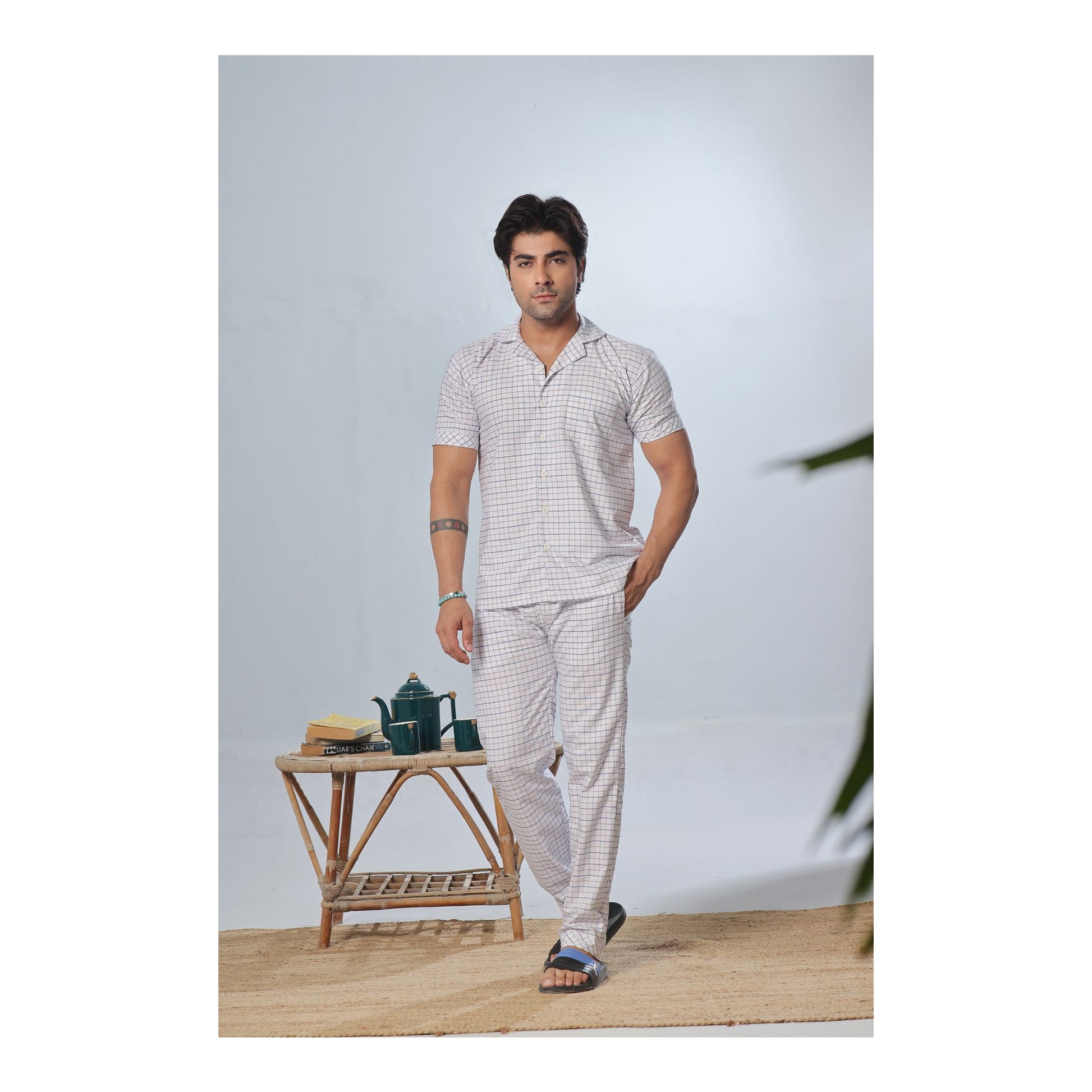 Basix Men's Check Print Cotton Loungewear Dress, 2-Piece Set, White, LW-824