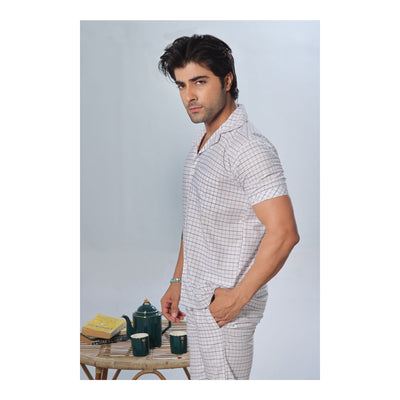 Basix Men's Check Print Cotton Loungewear Dress, 2-Piece Set, White, LW-824