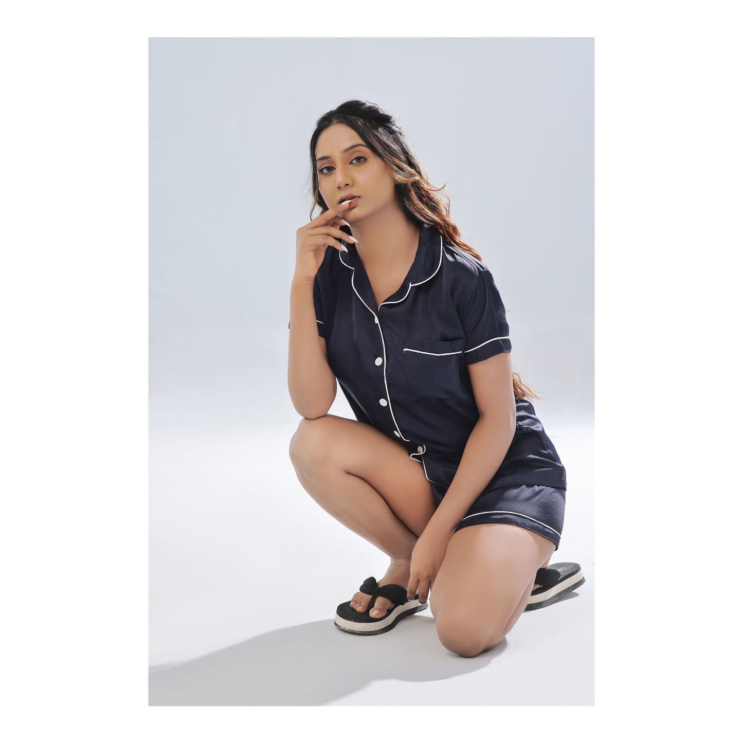 Basix Women's 2-Piece Shorts Pajama Set Night Suit  Silk Shirt and Shorts  Navy Blue  SW-101