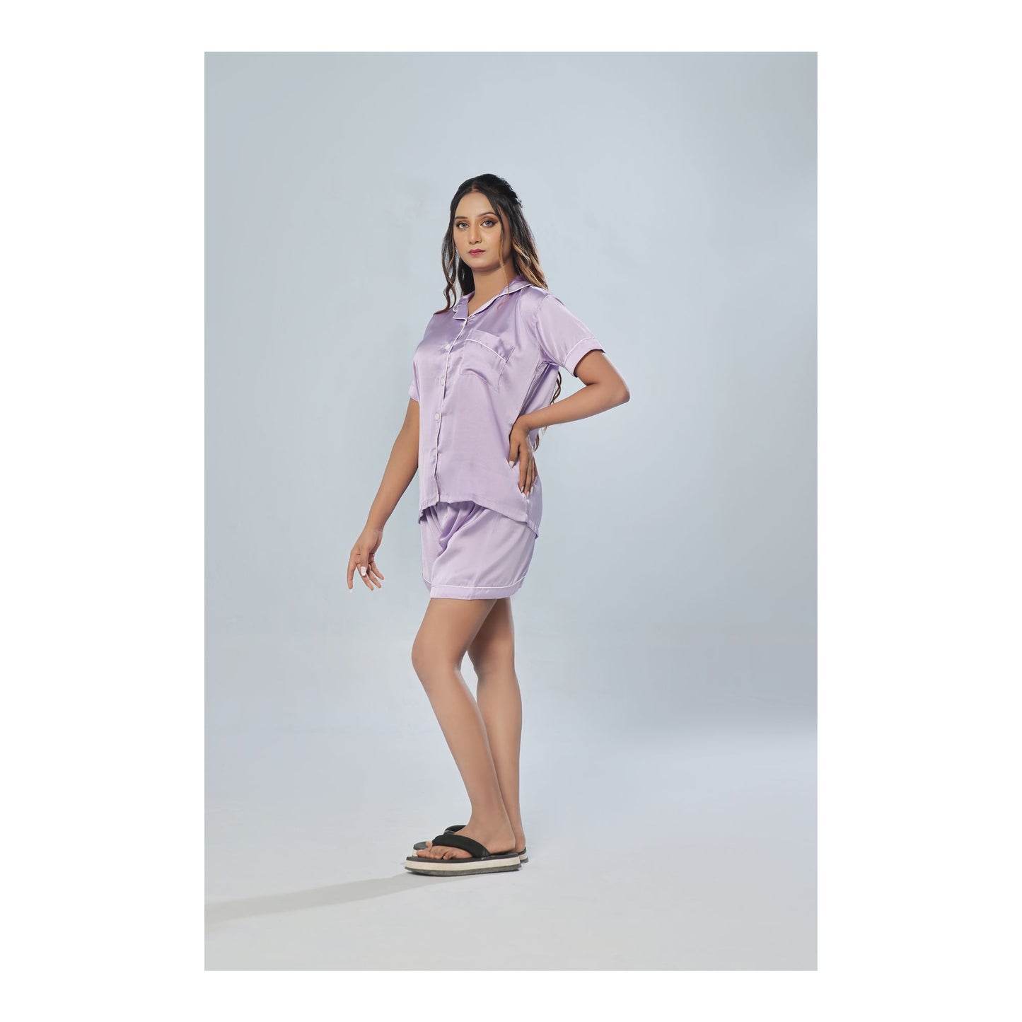 Basix Women's 2-Piece Shorts Pajama Set Night Suit, Silk Shirt and Shorts, Lavender, SW-103