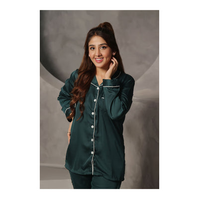 Basix Women's 2-Piece Pajama Set Night Suit  Silk Shirt and Trouser  Dark Green  SW-106