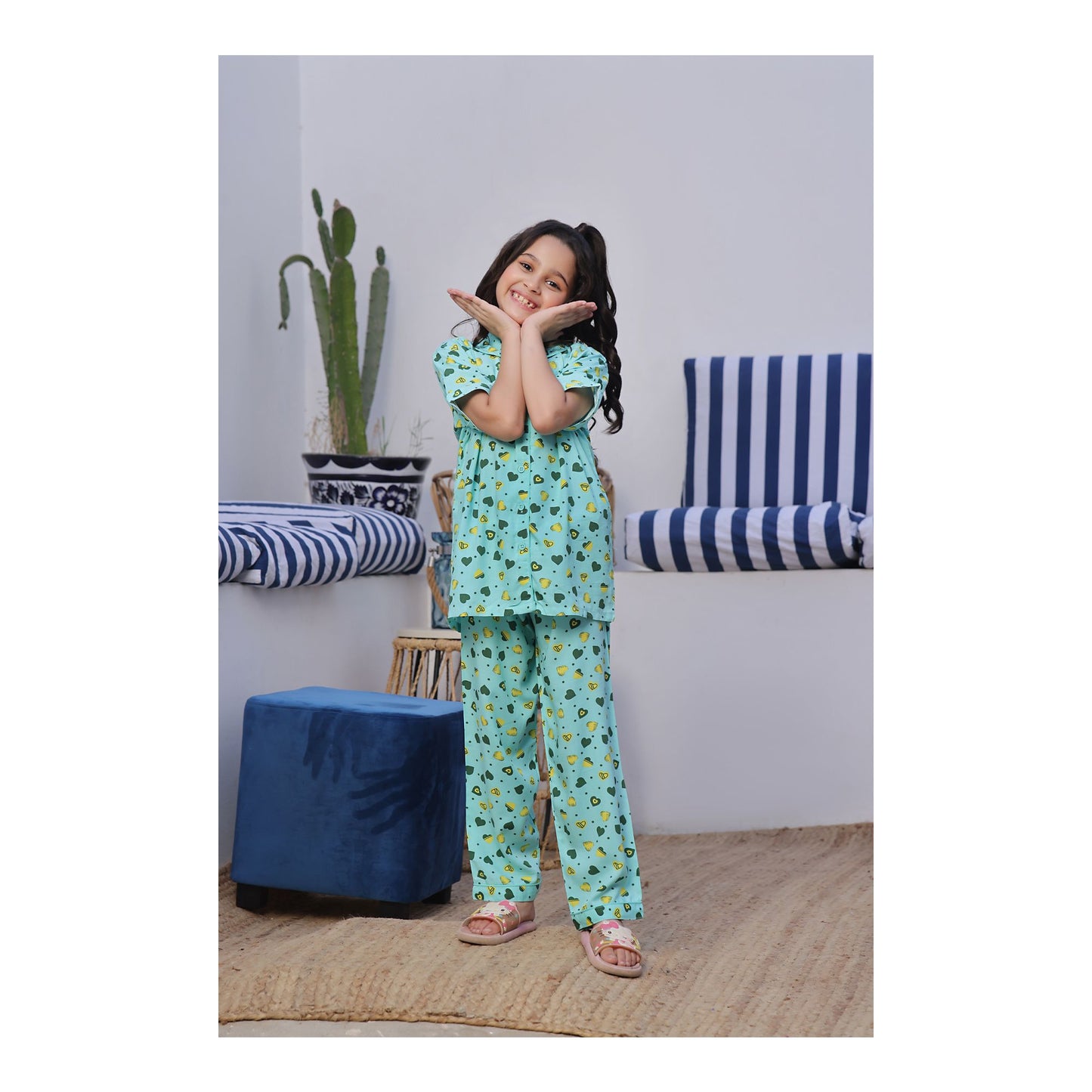 Basix Girls Sweat Heart Short Sleeves Night Suit, Sea Green, GRL-173