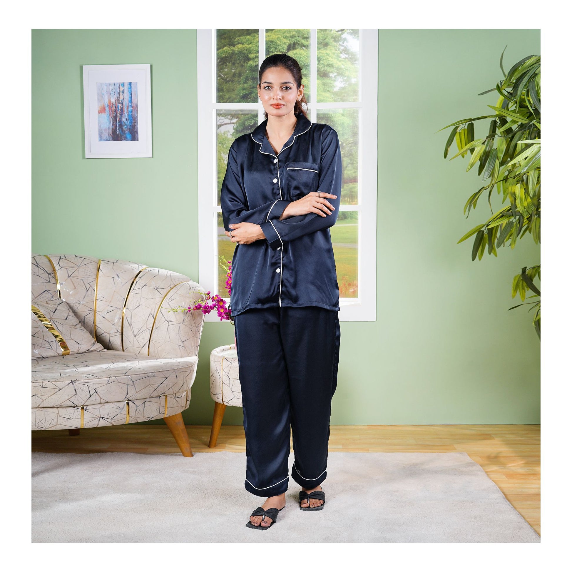 Basix Women's 2-Piece Pajama Set Night Suit, Silk Shirt & Trouser, Navy Blue, SW-110