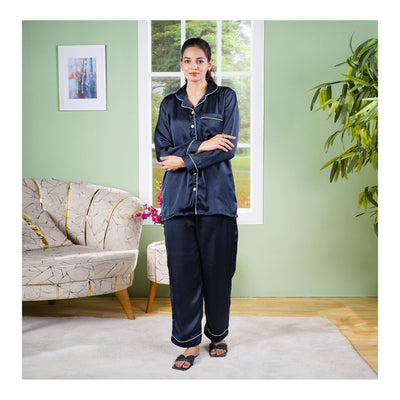 Basix Women's 2-Piece Pajama Set Night Suit, Silk Shirt & Trouser, Navy Blue, SW-110
