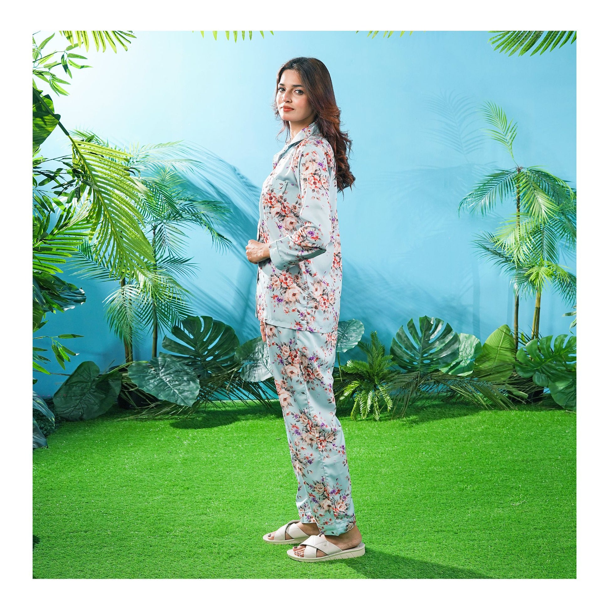 Basix Women's Digital Crepe Floral Loungewear Dress, 2-Piece Set, Pastel Blue, LW-642