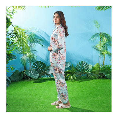Basix Women's Digital Crepe Floral Loungewear Dress, 2-Piece Set, Pastel Blue, LW-642