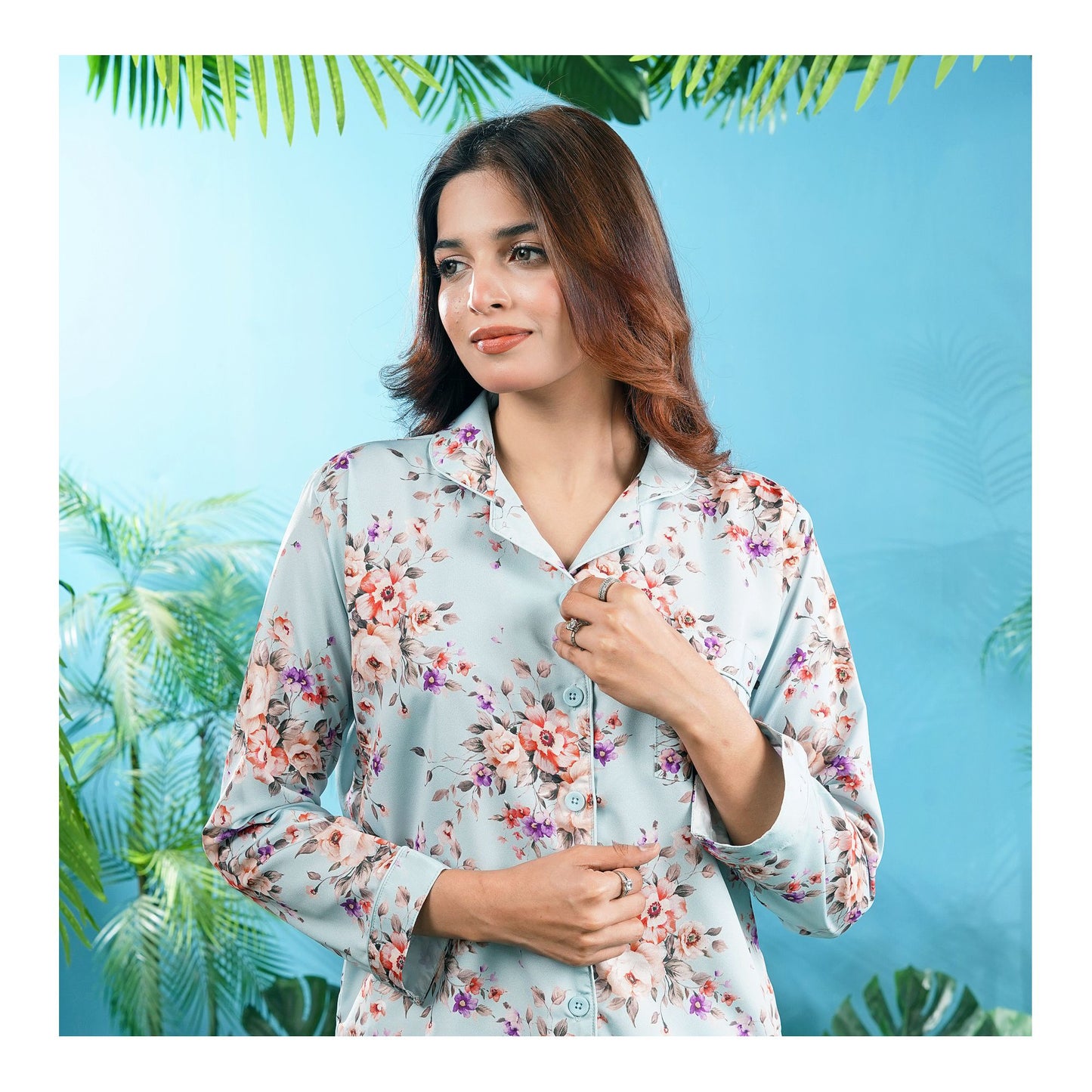 Basix Women's Digital Crepe Floral Loungewear Dress, 2-Piece Set, Pastel Blue, LW-642