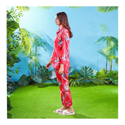 Basix Women's Silk Floral Loungewear Dress, 2-Piece Set, Crimson Red, LW-647