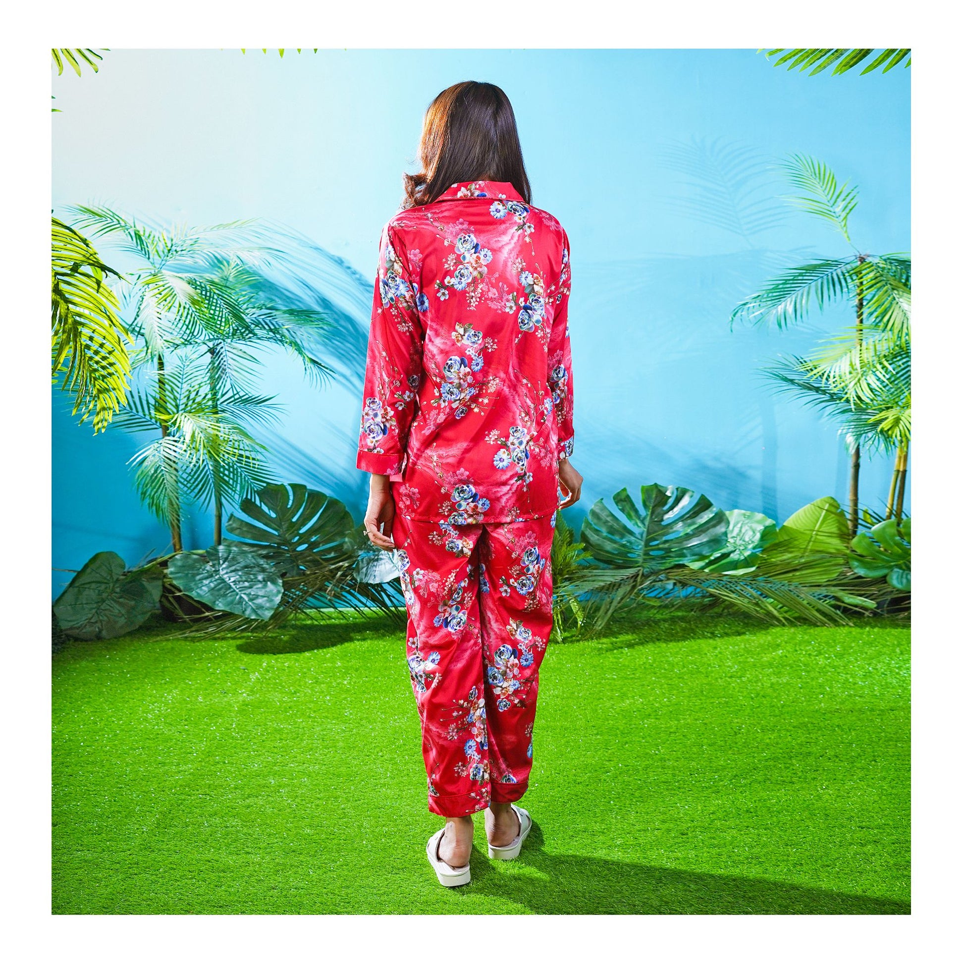 Basix Women's Silk Floral Loungewear Dress, 2-Piece Set, Crimson Red, LW-647
