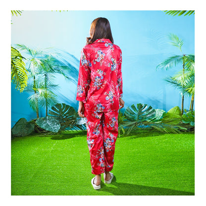 Basix Women's Silk Floral Loungewear Dress, 2-Piece Set, Crimson Red, LW-647