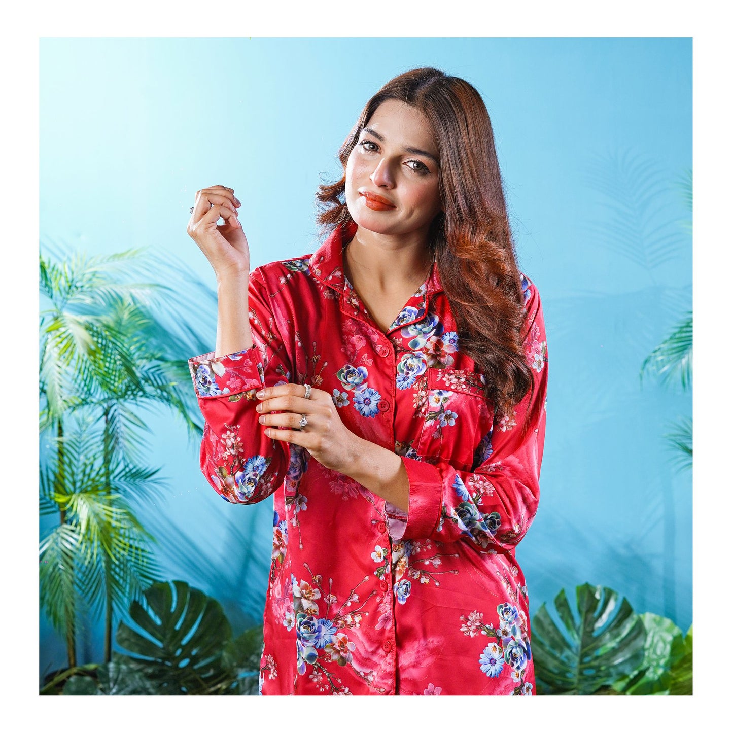 Basix Women's Silk Floral Loungewear Dress, 2-Piece Set, Crimson Red, LW-647