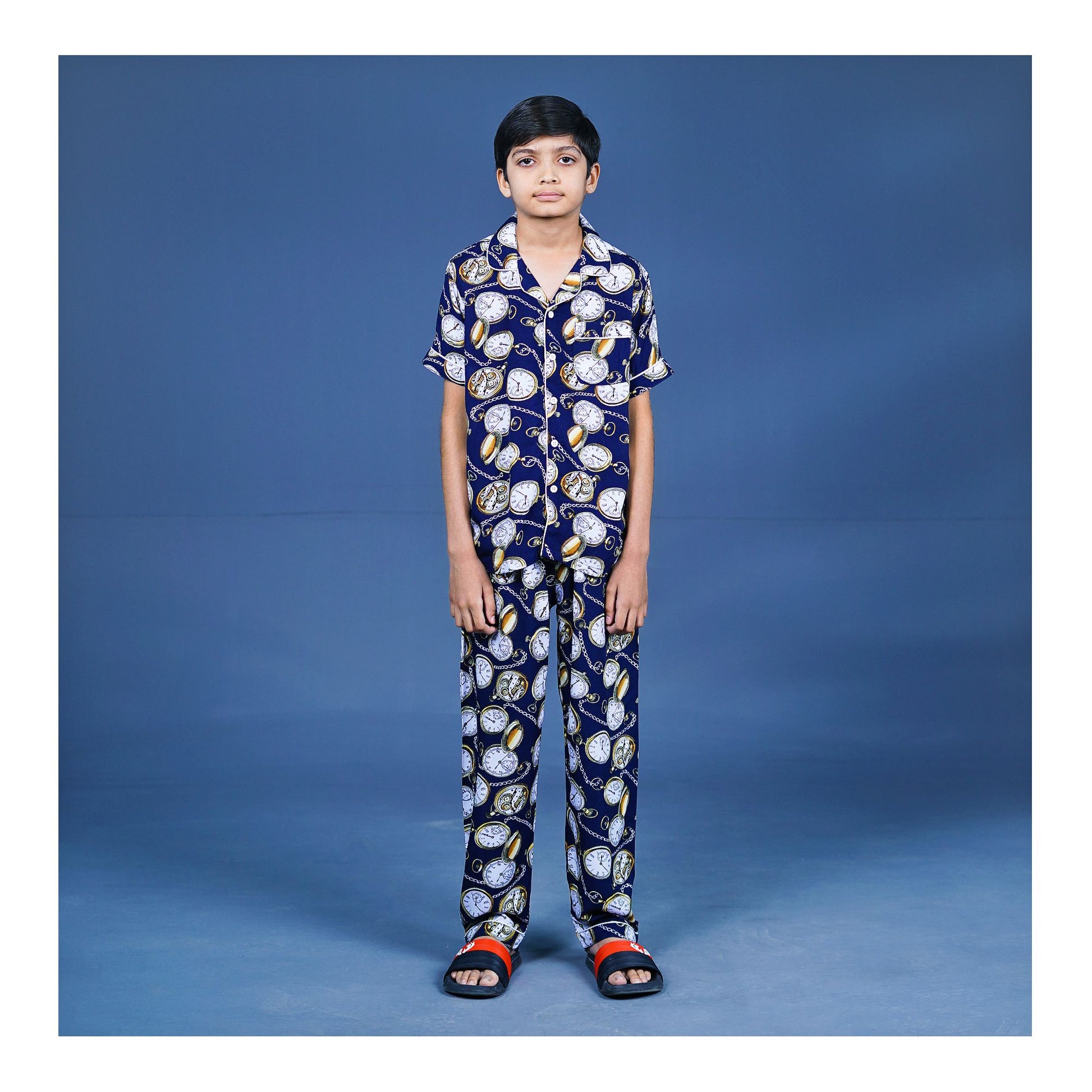 Basix Boys Vintage Clock Night Suit, Navy Blue, BYS-254