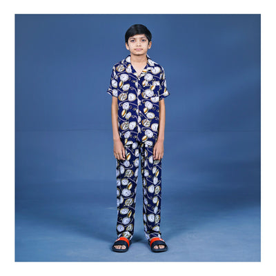 Basix Boys Vintage Clock Night Suit, Navy Blue, BYS-254