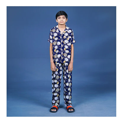 Basix Boys Vintage Clock Night Suit, Navy Blue, BYS-254