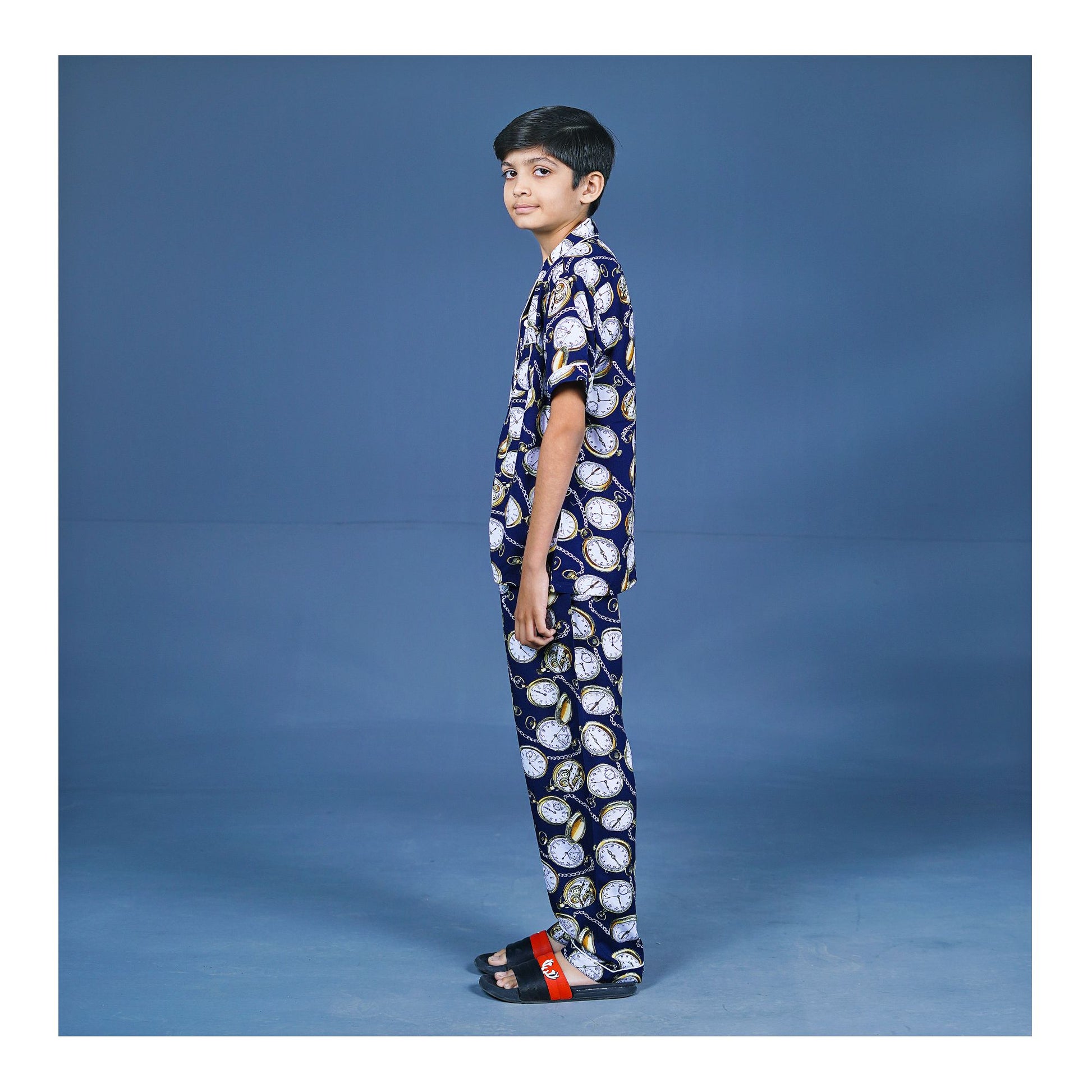 Basix Boys Vintage Clock Night Suit, Navy Blue, BYS-254