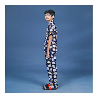 Basix Boys Vintage Clock Night Suit, Navy Blue, BYS-254