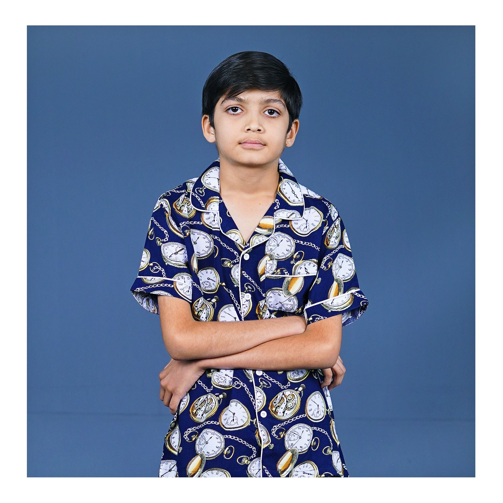 Basix Boys Vintage Clock Night Suit, Navy Blue, BYS-254