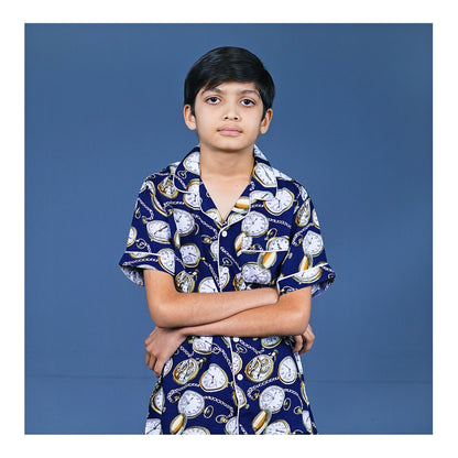 Basix Boys Vintage Clock Night Suit, Navy Blue, BYS-254