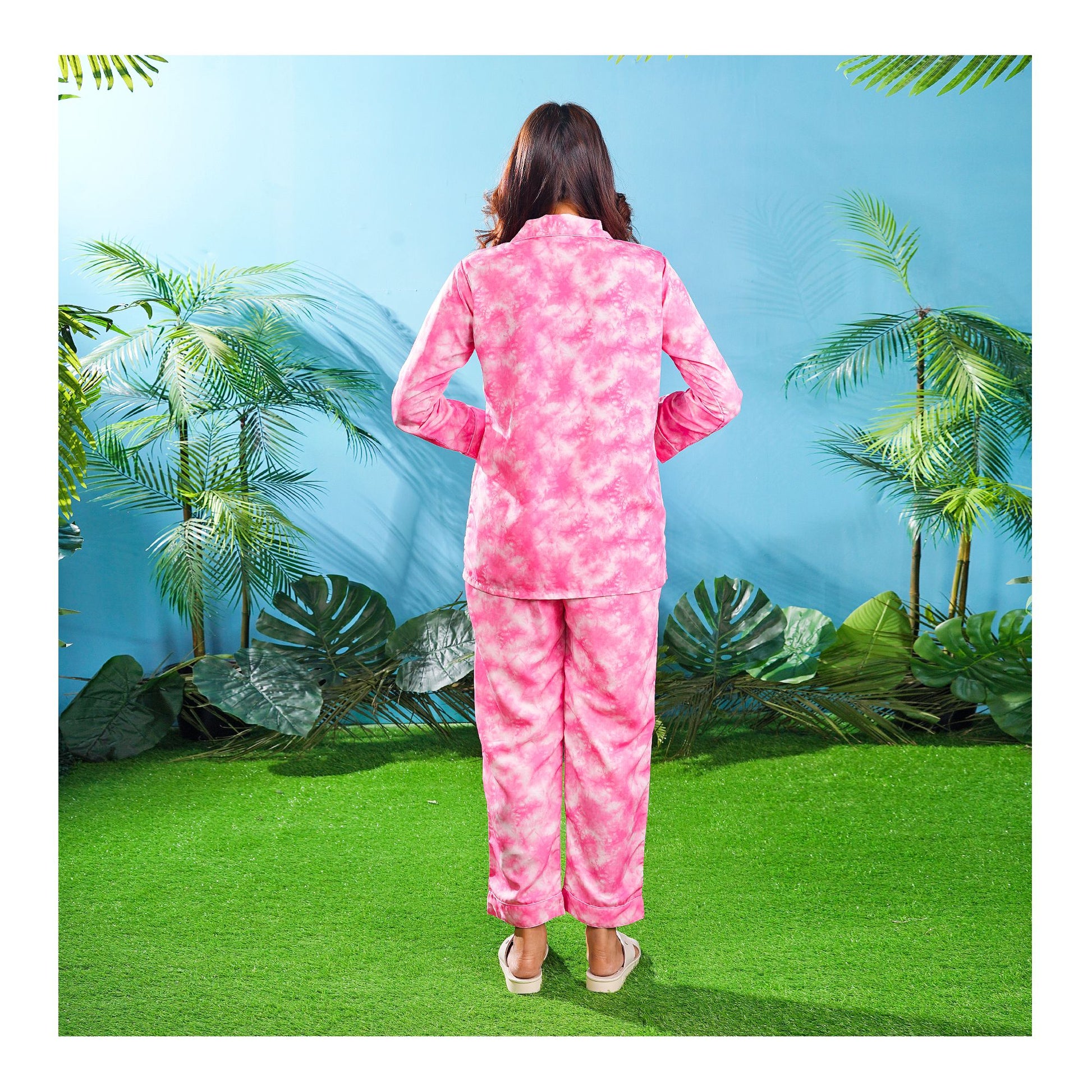 Basix Women's���s Tie & Die Digital Crepe Loungewear Dress, 2-Piece Pajamas Set, Pink & White, LW-651