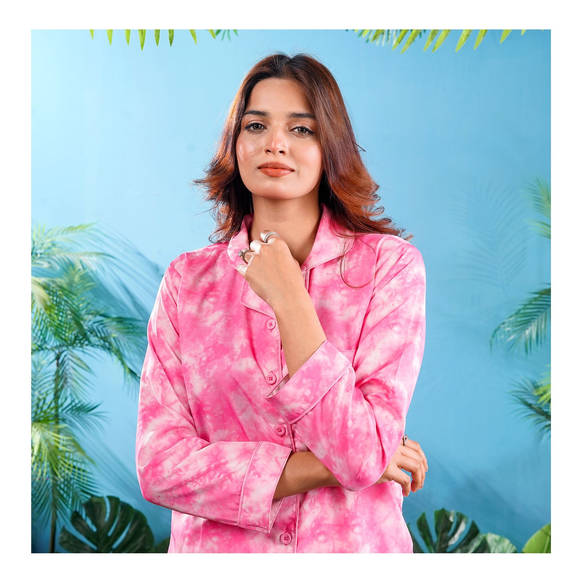 Basix Women's���s Tie & Die Digital Crepe Loungewear Dress, 2-Piece Pajamas Set, Pink & White, LW-651